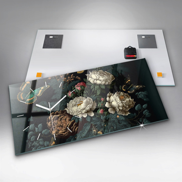 Ceas orizontale de perete din sticlă Floare și fluturi aurii