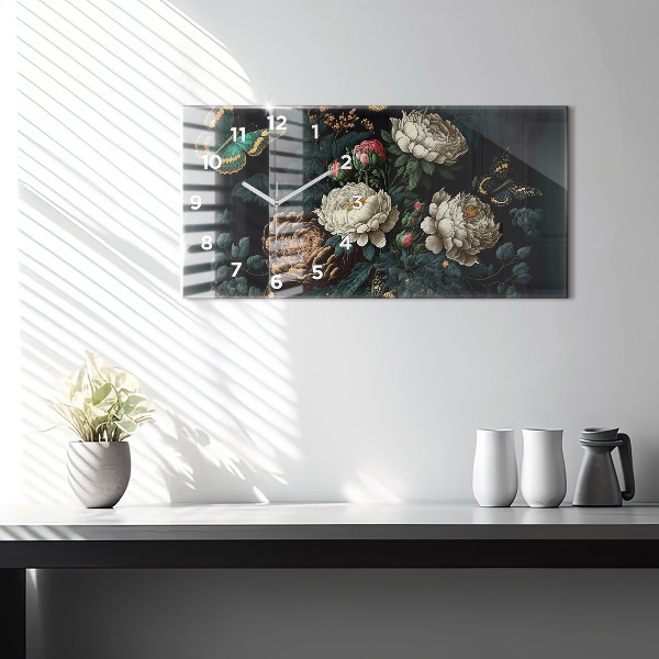 Ceas orizontale de perete din sticlă Floare și fluturi aurii