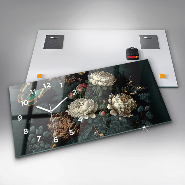 Ceas orizontale de perete din sticlă Floare și fluturi aurii