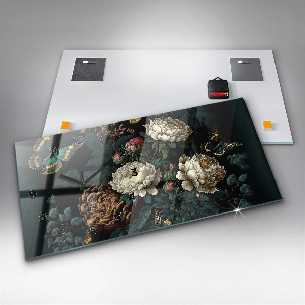 Ceas orizontale de perete din sticlă Floare și fluturi aurii