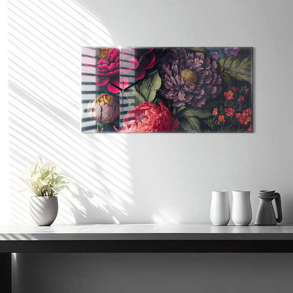 Ceas orizontale de perete din sticlă Buchet de flori vintage