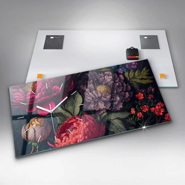 Ceas orizontale de perete din sticlă Buchet de flori vintage