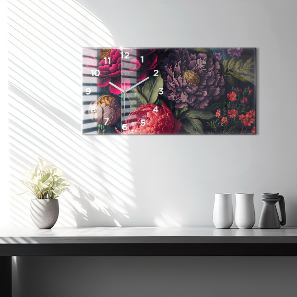 Ceas orizontale de perete din sticlă Buchet de flori vintage