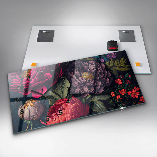 Ceas orizontale de perete din sticlă Buchet de flori vintage