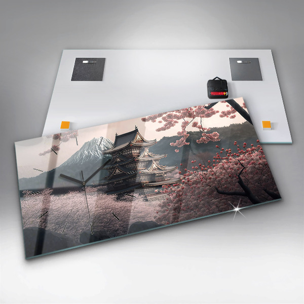 Ceas orizontale de perete din sticlă Turnul cu flori de cireș din Asia