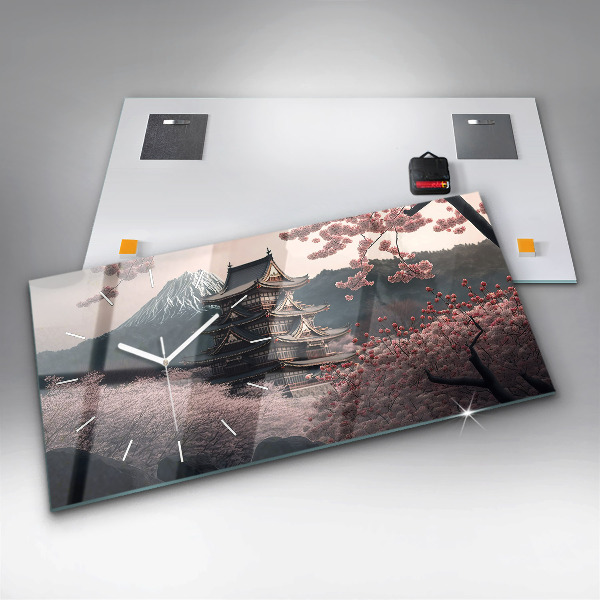 Ceas orizontale de perete din sticlă Turnul cu flori de cireș din Asia