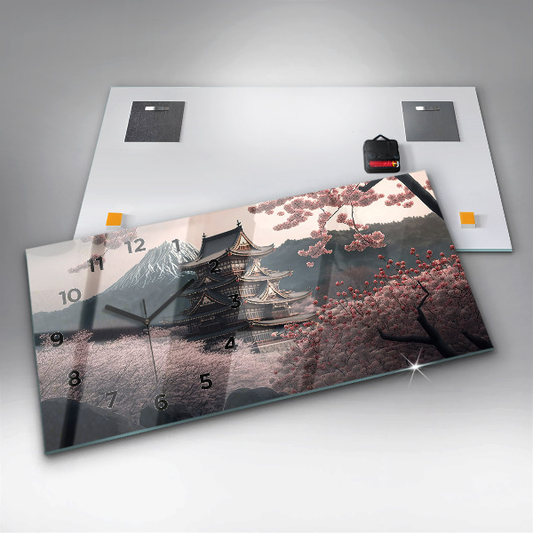 Ceas orizontale de perete din sticlă Turnul cu flori de cireș din Asia
