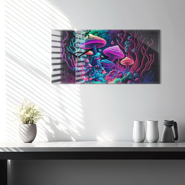 Ceas orizontale de perete din sticlă Ciuperci de neon