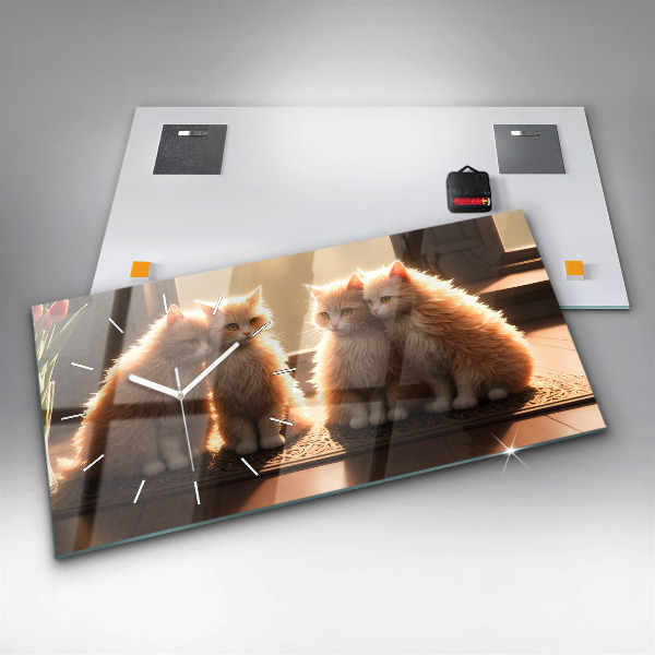 Ceas orizontale de perete din sticlă Patru pisoi la soare