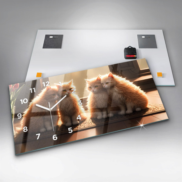 Ceas orizontale de perete din sticlă Patru pisoi la soare