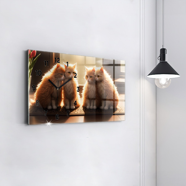 Ceas orizontale de perete din sticlă Patru pisoi la soare