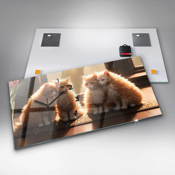 Ceas orizontale de perete din sticlă Patru pisoi la soare