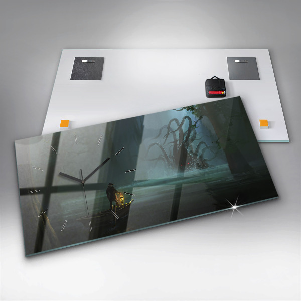 Ceas orizontale de perete din sticlă Om și monstru în mlaștină