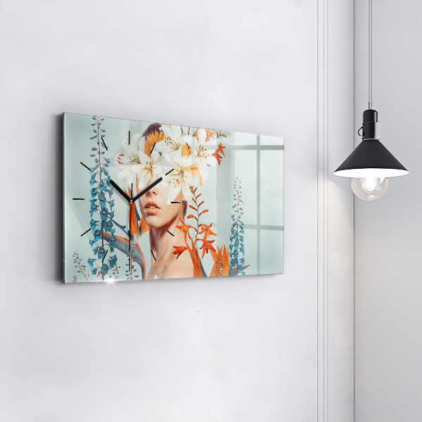 Ceas orizontale de perete din sticlă Femeie cu flori