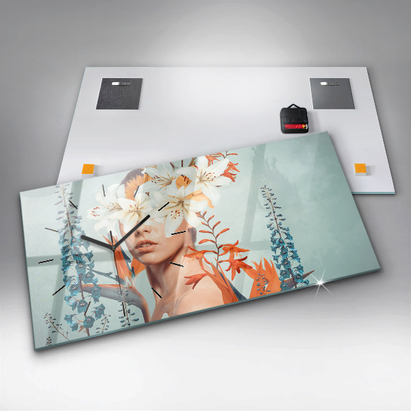 Ceas orizontale de perete din sticlă Femeie cu flori