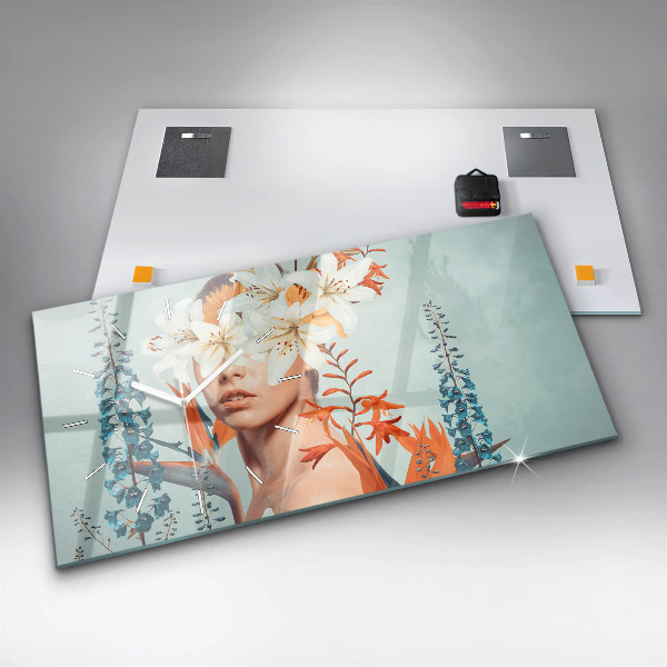 Ceas orizontale de perete din sticlă Femeie cu flori