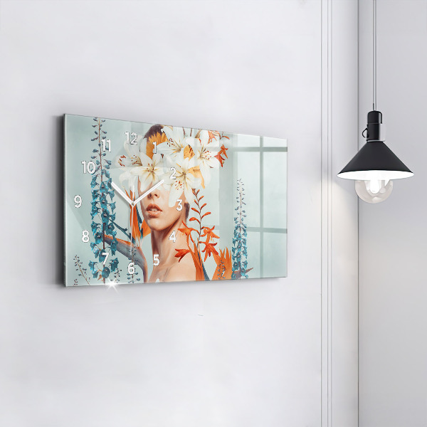 Ceas orizontale de perete din sticlă Femeie cu flori