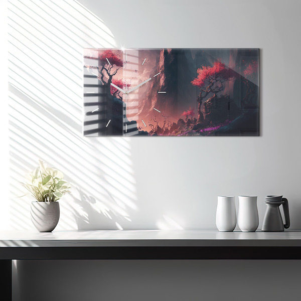 Ceas orizontale de perete din sticlă O pădure magică și un lanț de munți