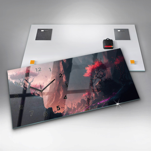 Ceas orizontale de perete din sticlă O pădure magică și un lanț de munți