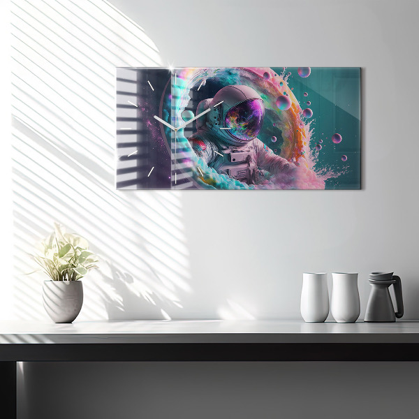 Ceas orizontale de perete din sticlă Cosmonaut nori colorați