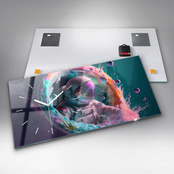 Ceas orizontale de perete din sticlă Cosmonaut nori colorați