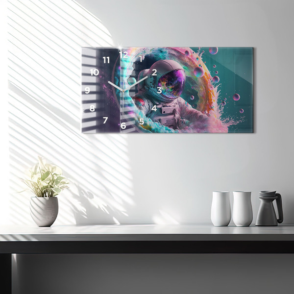 Ceas orizontale de perete din sticlă Cosmonaut nori colorați