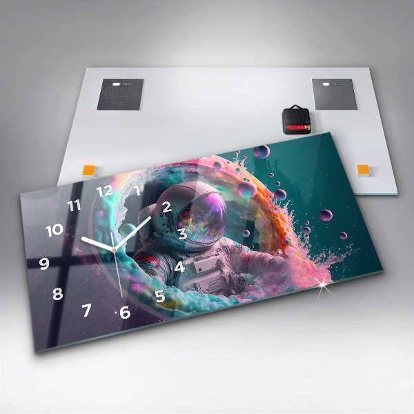 Ceas orizontale de perete din sticlă Cosmonaut nori colorați