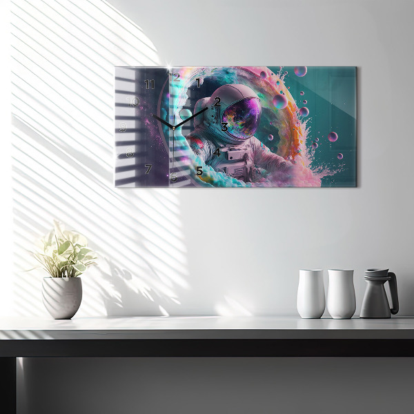 Ceas orizontale de perete din sticlă Cosmonaut nori colorați