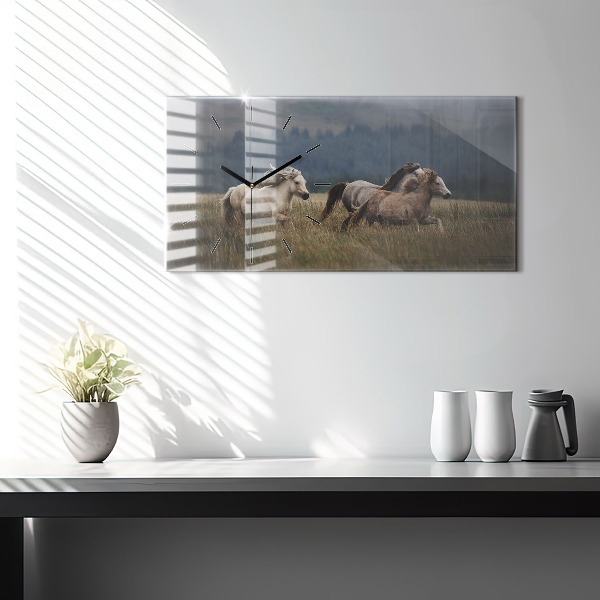Ceas orizontale de perete din sticlă Caii în galop