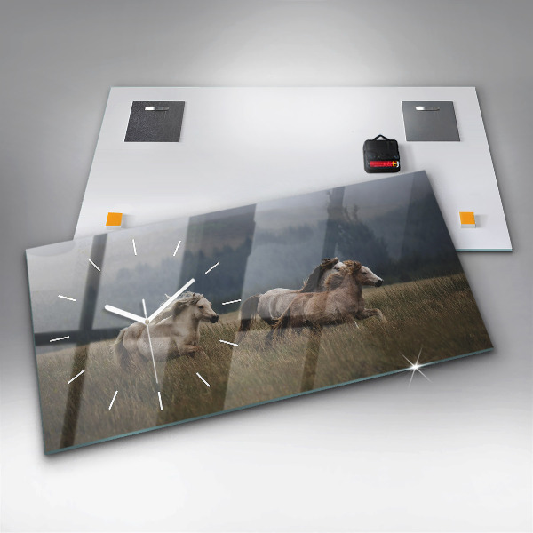 Ceas orizontale de perete din sticlă Caii în galop