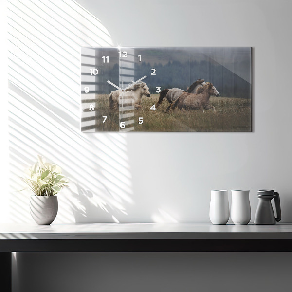 Ceas orizontale de perete din sticlă Caii în galop