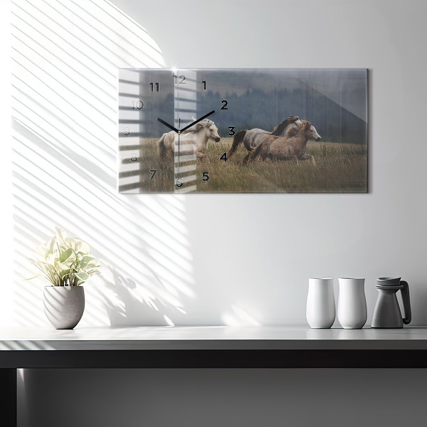 Ceas orizontale de perete din sticlă Caii în galop