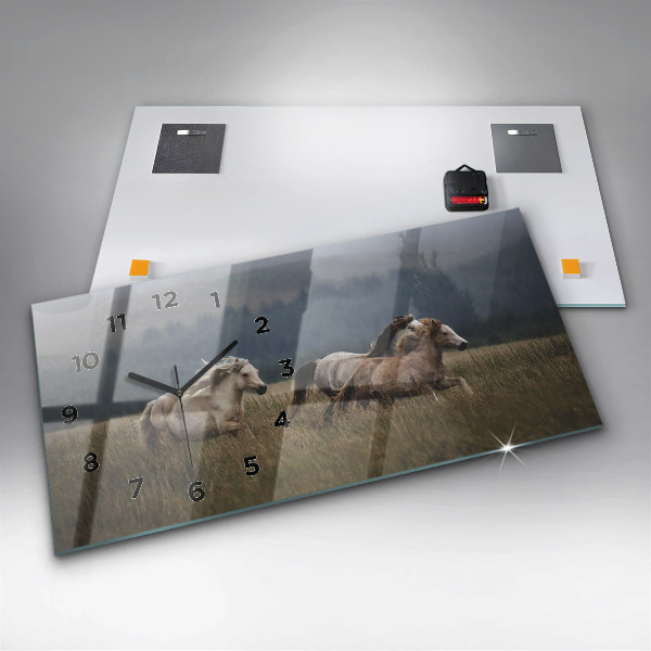 Ceas orizontale de perete din sticlă Caii în galop