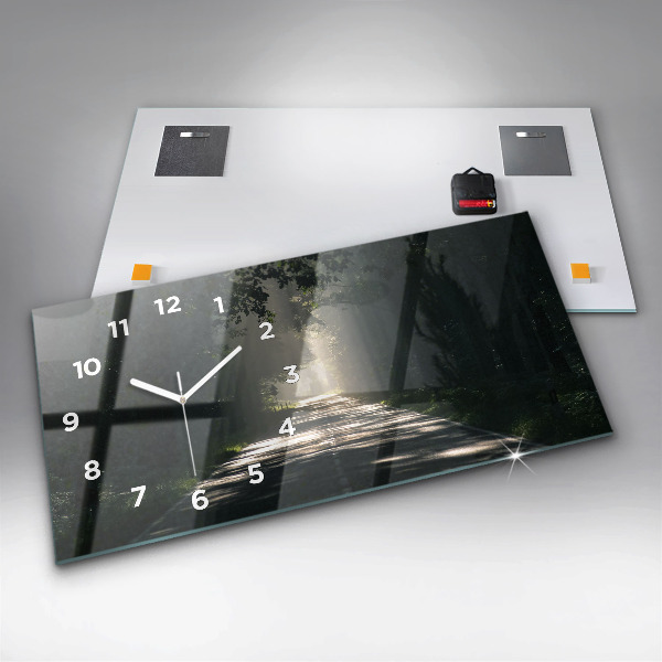 Ceas orizontale de perete din sticlă Drum forestier și dâre de lumină solară