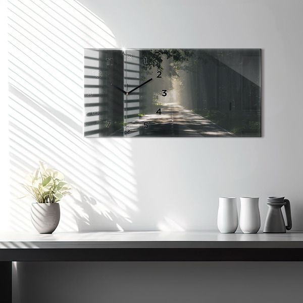 Ceas orizontale de perete din sticlă Drum forestier și dâre de lumină solară