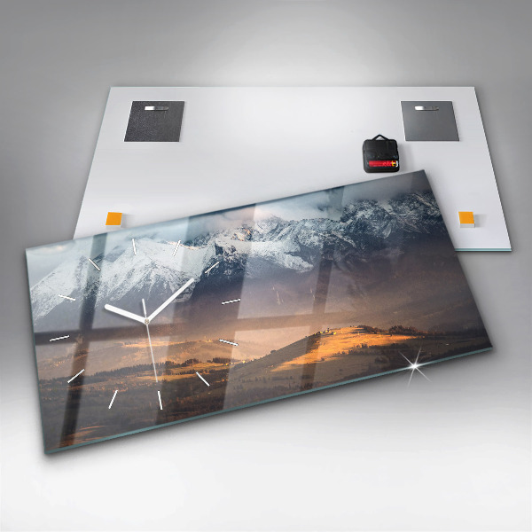 Ceas orizontale de perete din sticlă Munții Tatra în panorama montană de iarnă