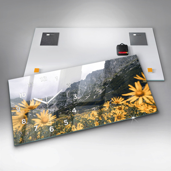 Ceas orizontale de perete din sticlă Lunca de flori în munți