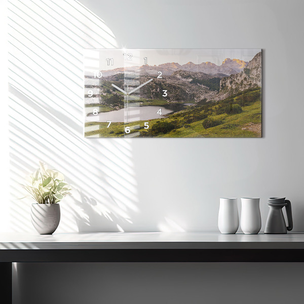 Ceas orizontale de perete din sticlă Lacul și munții Pirinei
