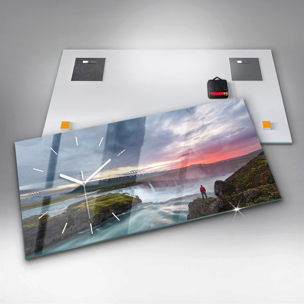 Ceas orizontale de perete din sticlă Peisaj cu o cascadă