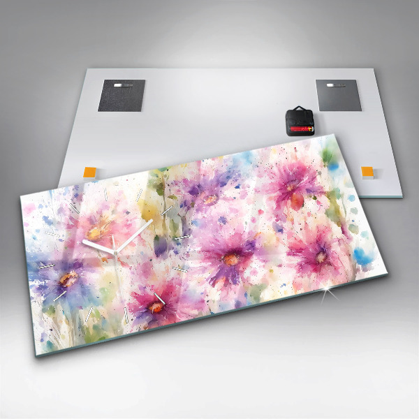 Ceas orizontale de perete din sticlă Flori pictate