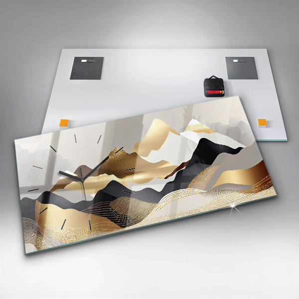 Ceas orizontale de perete din sticlă Munți de aur abstracti