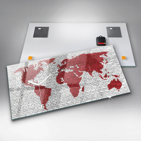 Ceas orizontale de perete din sticlă Harta lumii zid de cărămidă