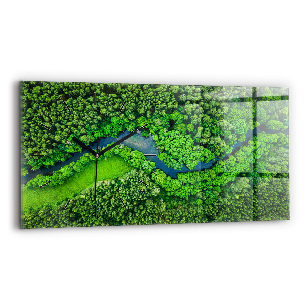 Ceas orizontale de perete din sticlă Râu în pădure