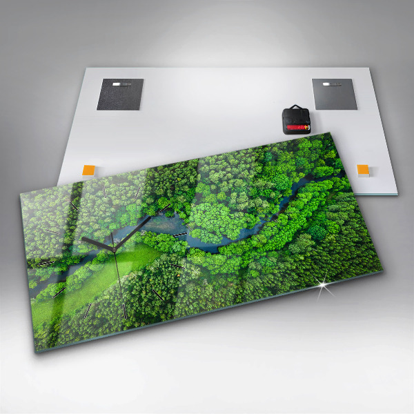 Ceas orizontale de perete din sticlă Râu în pădure