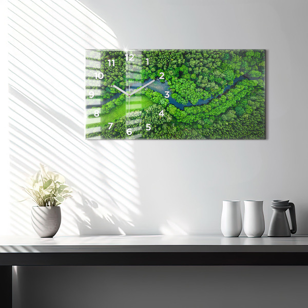 Ceas orizontale de perete din sticlă Râu în pădure