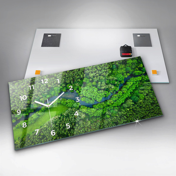 Ceas orizontale de perete din sticlă Râu în pădure