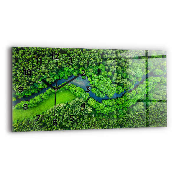 Ceas orizontale de perete din sticlă Râu în pădure