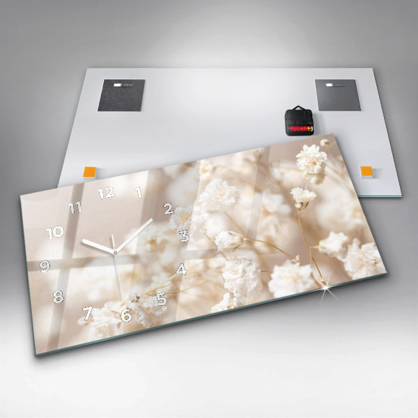 Ceas orizontale de perete din sticlă Flori mici albe