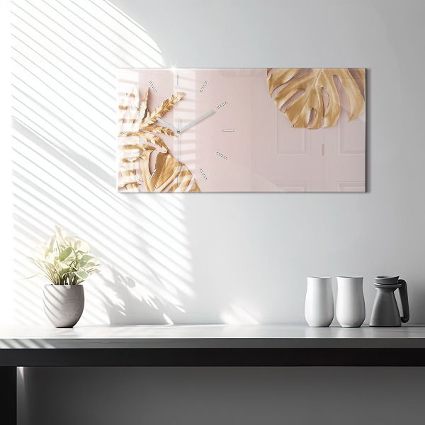 Ceas orizontale de perete din sticlă Frunze tropicale aurii