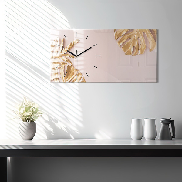Ceas orizontale de perete din sticlă Frunze tropicale aurii